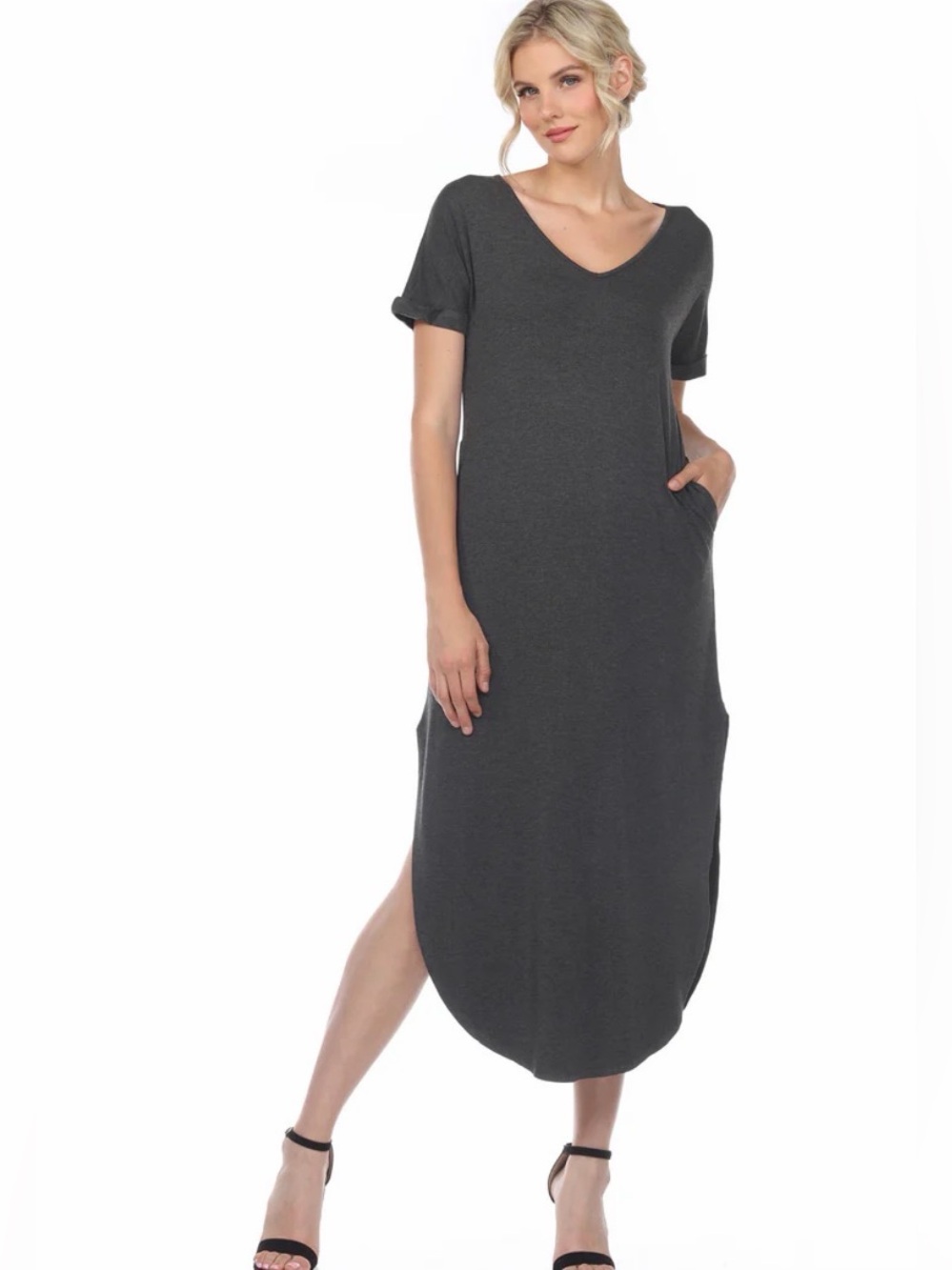White Mark Charcoal V-Neck Maxi Dress with Side Pockets